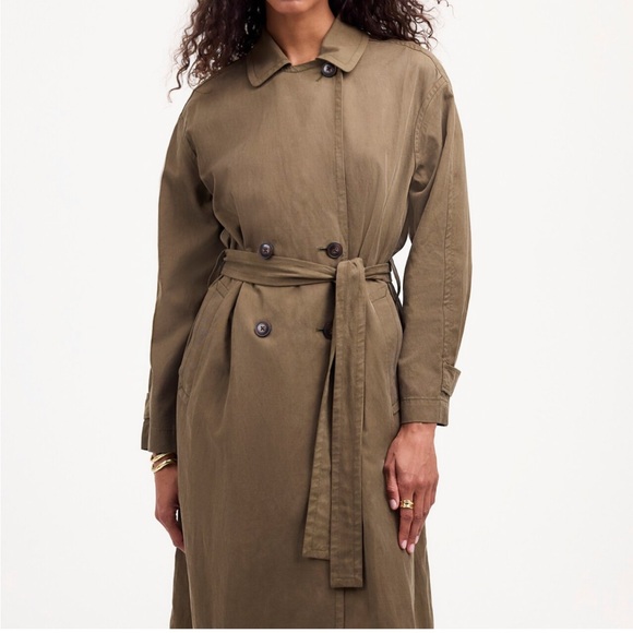 NWT Madewell Belted Trench Coat in Drapey Twill Dark Olive size Small - Picture 4 of 7